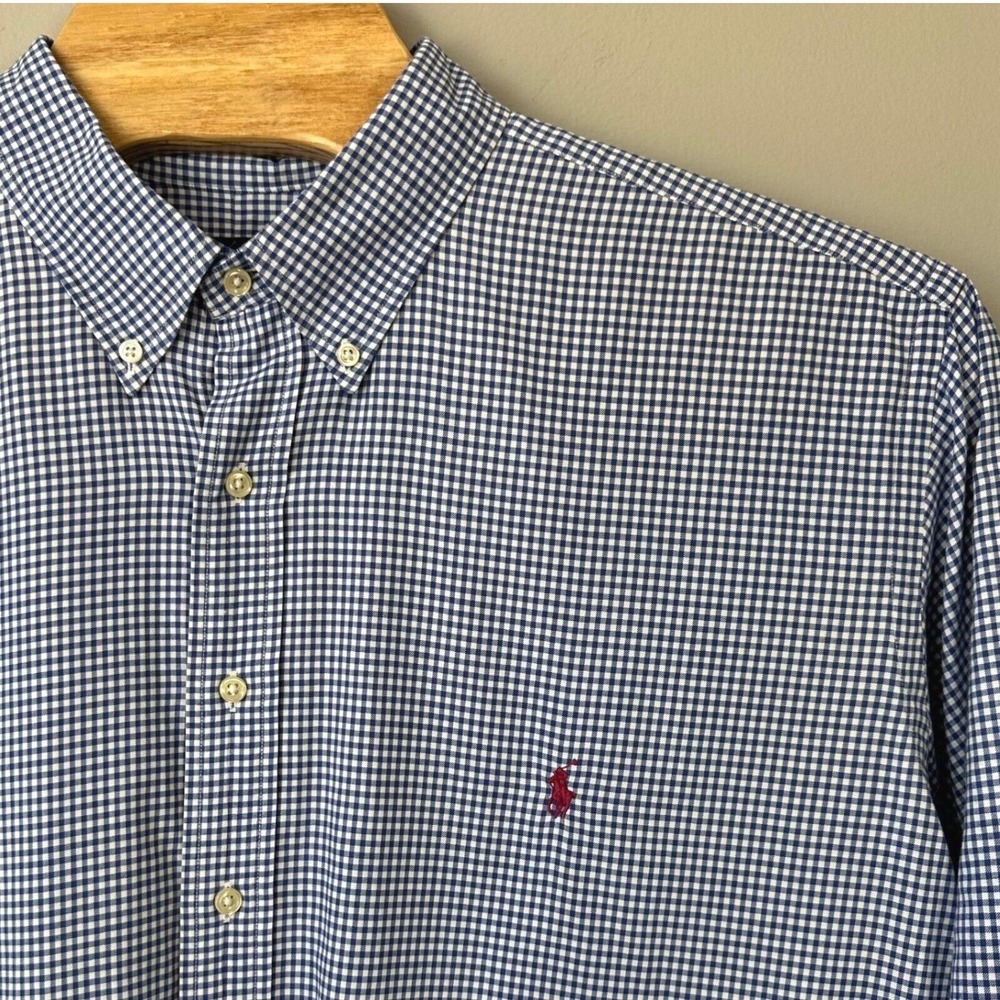 Ralph Lauren Men Shirt 2XB Blue Check Red Pony Preppy Lightweight Brushed Cotton